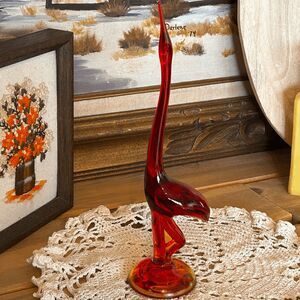 Vintage Viking Ruby Red Amberina EPIC Art Glass Egret Crane Bird Heron MCM